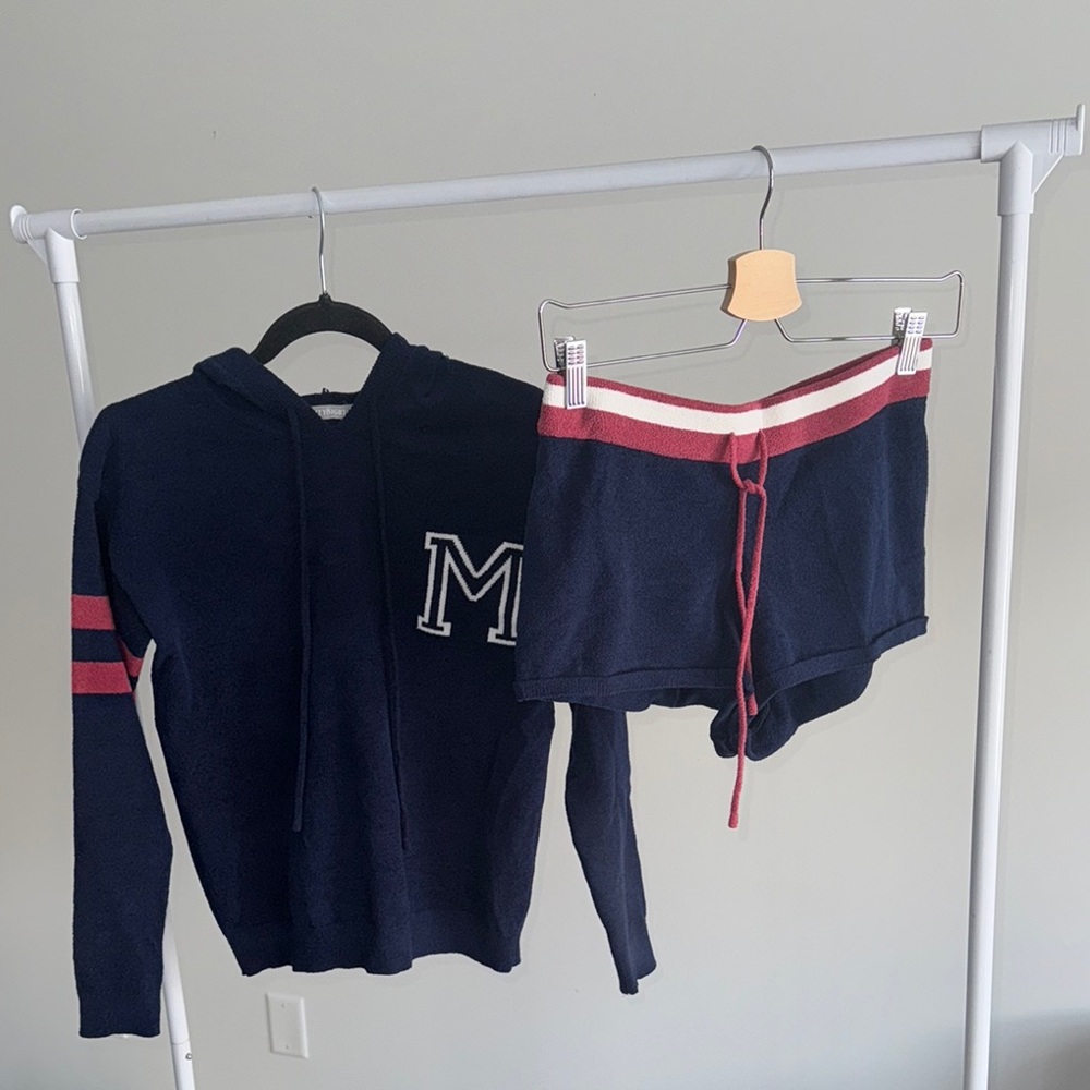 Eight Sixty Blue and Red Pajama Set with Long Sleeves and Drawstring Shorts
